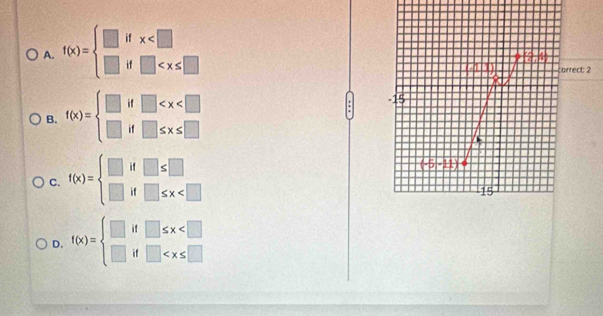 A. f(x)=beginarrayl □ ifx
correct: 2
B. f(x)=beginarrayl □ if□
-15
C. f(x)=beginarrayl □ if□ ≤ □  □ if□ ≤ x
(-5,-11)
15
D. f(x)=beginarrayl □ if□ ≤ x