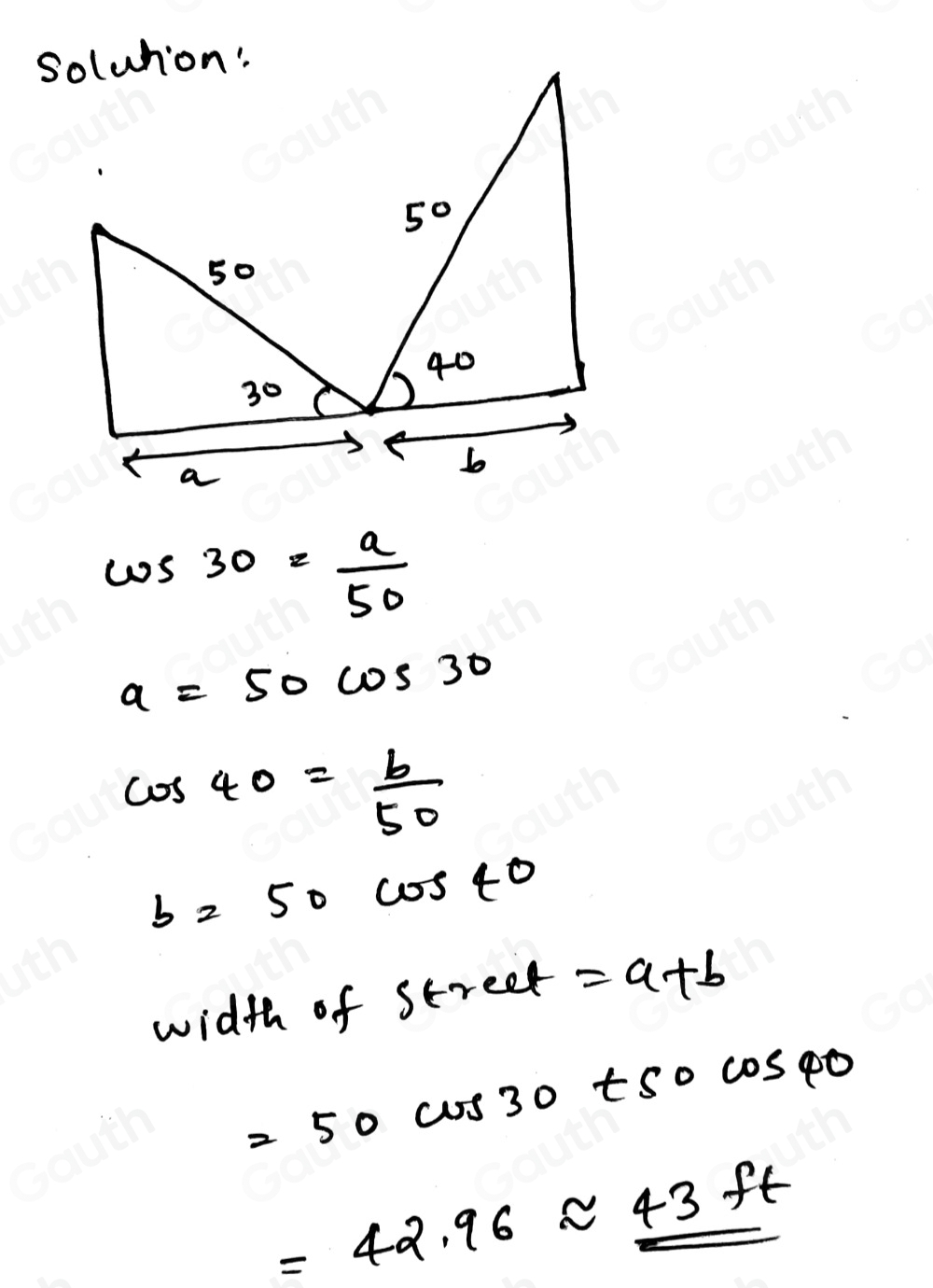 Solved: A ladder with its foot in the street makes an angle of 30° with ...