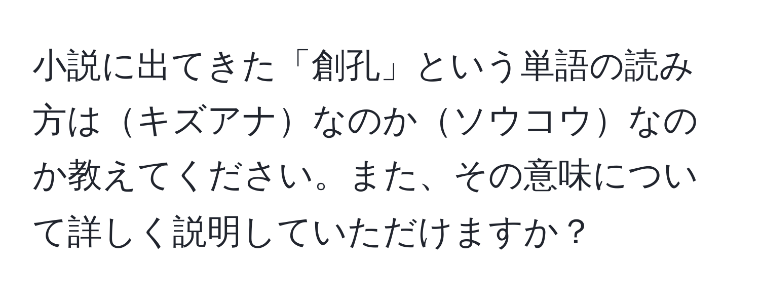 小説に出てきた「創孔」という単語の読み方はキズアナなのかソウコウなのか教えてください。また、その意味について詳しく説明していただけますか？