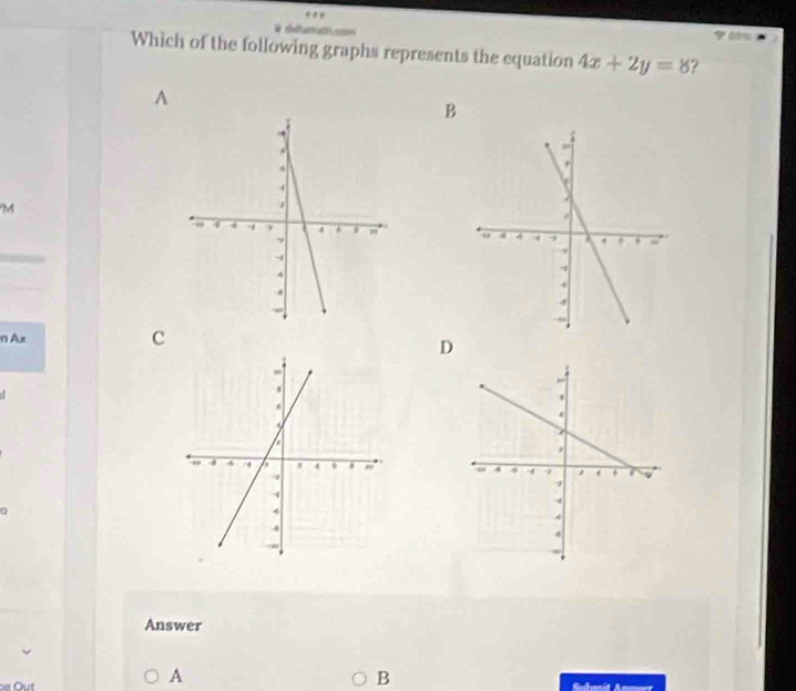 90%
Which of the following graphs represents the equation 4x+2y=8 ?
A
B
M

n Ax
c
D

Answer
A
B