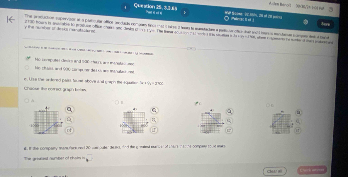 Aiden Benoit 09/30/24 9:08 PM
Question 25, 3.3.65 HW Score: 92.86%, 26 of 28 points
Part 6 of 6 >
Points: 0 of 1 Save
The production supervisor at a particular office products company finds that it takes 3 hours to manufacture a particular office chair and 9 hours to manufacture a computer desk. A total of
y the number of desks manufactured.
2700 hours is available to produce office chairs and desks of this style. The linear equation that models this situation is 3x+9y=2700 , where x represents the number of chairs produced and
Cnouse the statement that best descrues the manulatturng siluation.
No computer desks and 900 chairs are manufactured.
No chairs and 900 computer desks are manufactured.
c. Use the ordered pairs found above and graph the equation 3x+9y=2700. 
Choose the correct graph below.
A.
B.
c.
D.

-1
2000 -1000 1000
d. If the company manufactured 20 computer desks, find the greatest number of chairs that the company could make.
The greatest number of chairs is
Clear all Check anssver