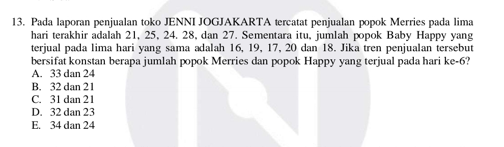 Pada laporan penjualan toko JENNI JOGJAKARTA tercatat penjualan popok Merries pada lima
hari terakhir adalah 21, 25, 24. 28, dan 27. Sementara itu, jumlah popok Baby Happy yang
terjual pada lima hari yang sama adalah 16, 19, 17, 20 dan 18. Jika tren penjualan tersebut
bersifat konstan berapa jumlah popok Merries dan popok Happy yang terjual pada hari ke -6?
A. 33 dan 24
B. 32 dan 21
C. 31 dan 21
D. 32 dan 23
E. 34 dan 24