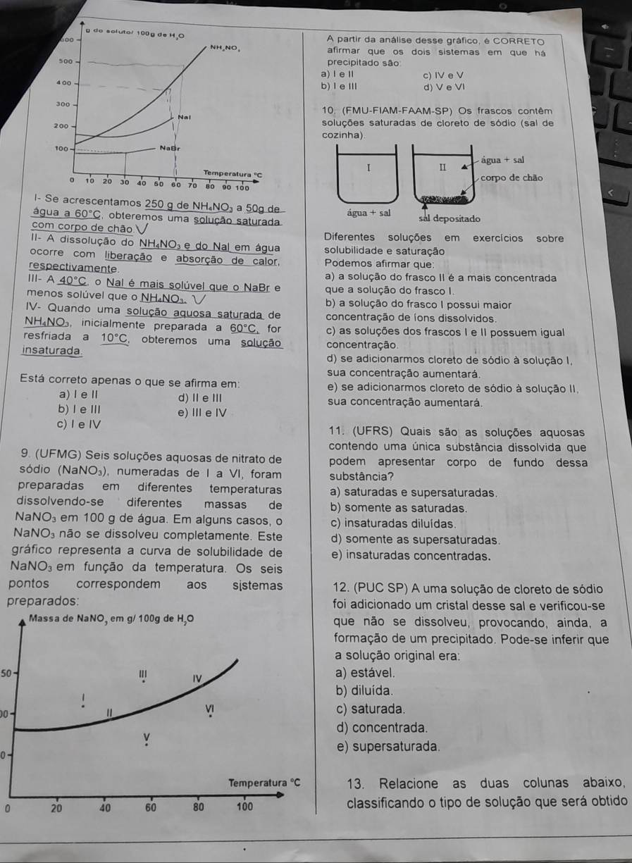 do soluto/ 100g de H,O
A partir da análise desse gráfico, é CORRETO
NH,NO、 afirmar que os dois sistemas em que há
500 precipitado são
a) Ⅰ eⅡ c) IV e V
4 00 b) ⅠeⅢ d) Ve VI
300  10. (FMU-FIAM-FAAM-SP) Os frascos contêm
Nal
200 soluções saturadas de cloreto de sódio (sal de
cozinha)
100 - NaBr
I Ⅱ 4 água + sal
Temperatura 'C  corpo de chão
。 10 20 30 60 so 70 80 90 100
I- Se acrescentamos 250 g de NH₄NO₃ a 50g de água + sal     
água a60°C ,  obteremos uma solução saturada sal depositado
com corpo de chão
Diferentes soluções em exercícios sobre
I- A dissolução do NH₄NO e do Nal em água solubilidade e saturação
ocorre com liberação e absorção de calor. Podemos afirmar que
respectivamente
a) a solução do frasco II é a mais concentrada
ⅢI- A _ 40°C o Nal é mais solúvel que o NaBr e que a solução do frasco I.
menos solúvel que o NH₄NO₄. √ b) a solução do frasco I possui maior
IV- Quando uma solução aquosa saturada de concentração de íons dissolvidos
NH₄NO₃, inicialmente preparada a _ 60°C for c) as soluções dos frascos I e II possuem igual
resfriada a 10°C obteremos uma solução concentração
insaturada. d) se adicionarmos cloreto de sódio à solução I,
sua concentração aumentará.
Está correto apenas o que se afirma em: e) se adicionarmos cloreto de sódio à solução II.
a) ⅠeⅡ d)ⅡeⅢ sua concentração aumentará.
b) Ⅰ eⅢ e) ⅢeⅣ
c) I e IV 11. (UFRS) Quais são as soluções aquosas
contendo uma única substância dissolvida que
9. (UFMG) Seis soluções aquosas de nitrato de podem apresentar corpo de fundo dessa
sódio (Nal surd O_3) , numeradas de I a VI, foram substância?
preparadas em diferentes temperaturas a) saturadas e supersaturadas.
dissolvendo-se diferentes massas de b) somente as saturadas.
Na NO_3 em 100 g de água. Em alguns casos, o c) insaturadas diluídas.
Na NO_3 não se dissolveu completamente. Este d) somente as supersaturadas.
gráfico representa a curva de solubilidade de e) insaturadas concentradas.
Nal NO_3 em função da temperatura. Os seis
pontos correspondem aos sistemas 12. (PUC SP) A uma solução de cloreto de sódio
preparados: foi adicionado um cristal desse sal e verificou-se
ue não se dissolveu, provocando, ainda, a
ormação de um precipitado. Pode-se inferir que
solução original era:
50a) estável.
b) diluída.
00
) saturada.
d) concentrada.
e) supersaturada.
0
13. Relacione as duas colunas abaixo,
0classificando o tipo de solução que será obtido