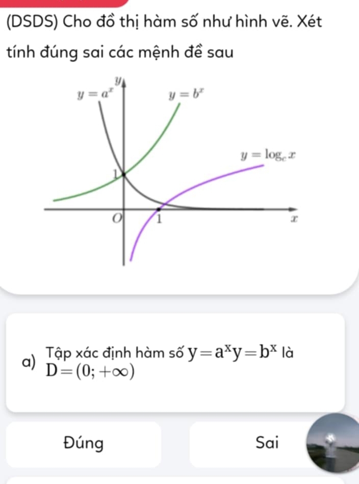 (DSDS) Cho đồ thị hàm số như hình vẽ. Xét
tính đúng sai các mệnh đề sau
a) Tập xác định hàm số y=a^xy=b^x là
D=(0;+∈fty )
Đúng Sai