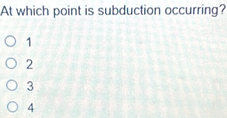 At which point is subduction occurring?
1
2
3
4