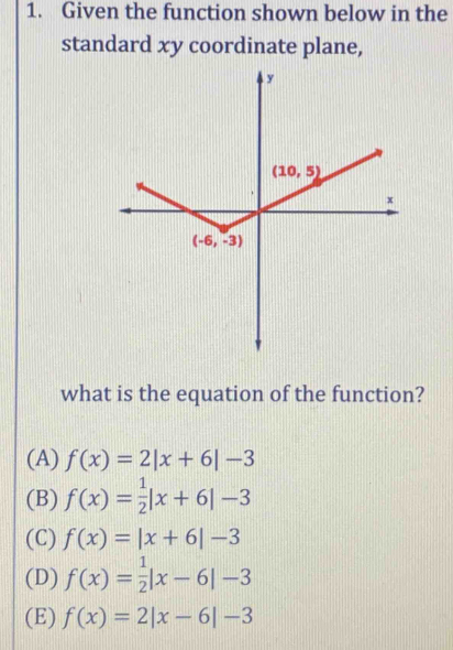 Given the function shown below in the
standard xy coordinate plane,
what is the equation of the function?
(A) f(x)=2|x+6|-3
(B) f(x)= 1/2 |x+6|-3
(C) f(x)=|x+6|-3
(D) f(x)= 1/2 |x-6|-3
(E) f(x)=2|x-6|-3