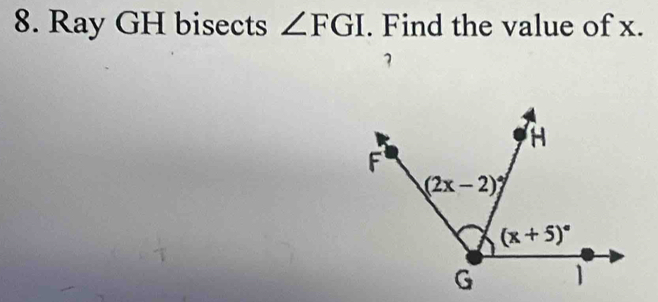 Ray GH bisects ∠ FGI. Find the value of x.