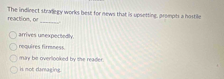 Solved: The indirect strategy works best for news that is upsetting ...