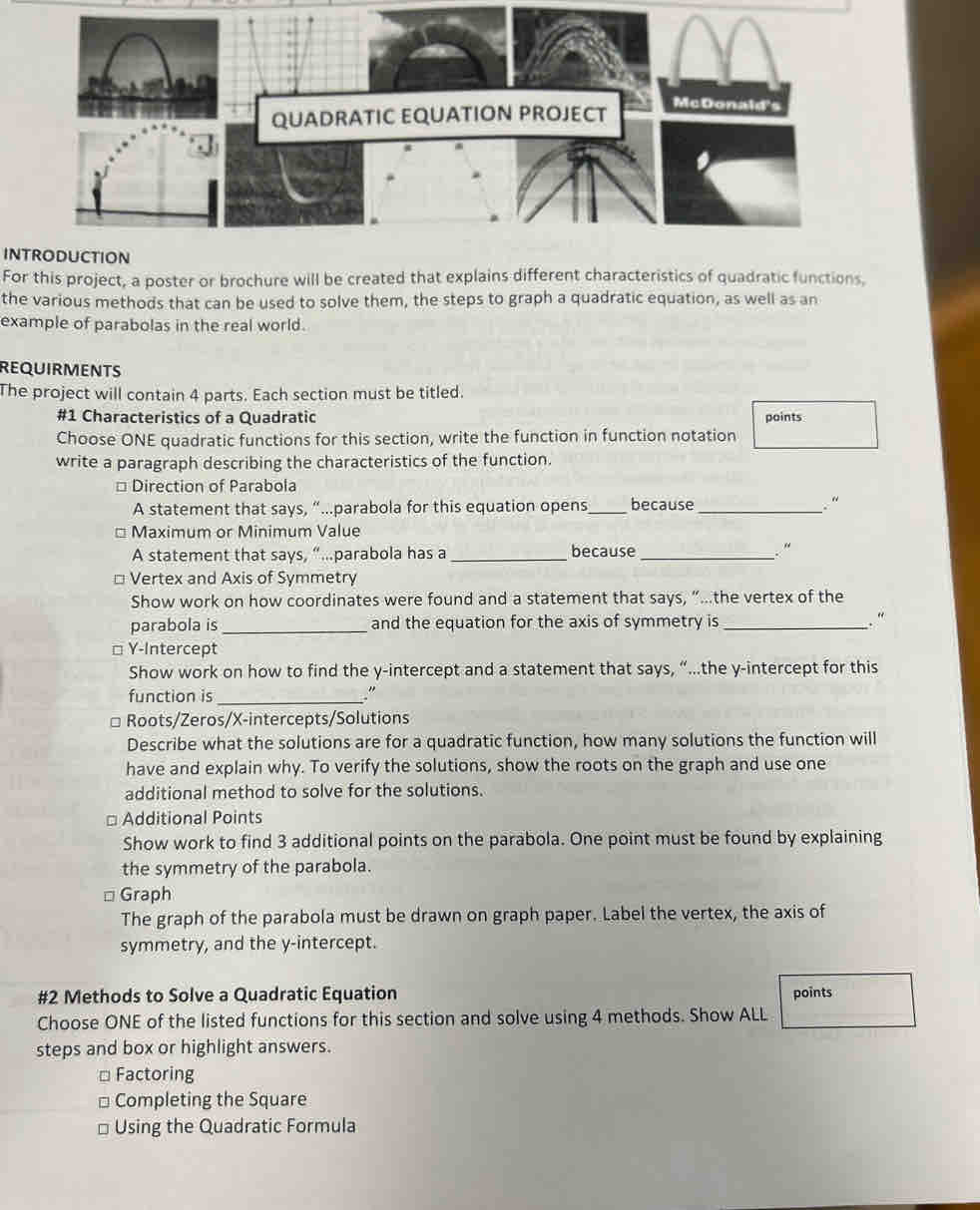 Solved: QUADRATIC EQUATION PROJECT McDonald's INTRODUCTION For this ...