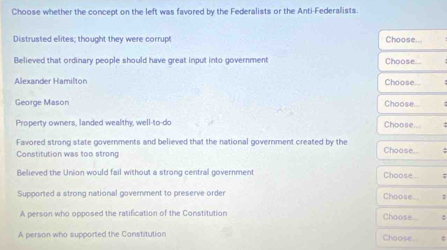 Choose whether the concept on the left was favored by the Federalists or the Anti-Federalists. 
Distrusted elites; thought they were corrupt Choose.... 
Believed that ordinary people should have great input into government Choose... 
Alexander Hamilton Choose... 
George Mason Choose... 
Property owners, landed wealthy, well-to-do Choose... 
Favored strong state governments and believed that the national government created by the 
Constitution was too strong Choose... 
Believed the Union would fail without a strong central government Choose... 
Supported a strong national government to preserve order Choose... 
A person who opposed the ratification of the Constitution Choose... 
A person who supported the Constitution Choose. =