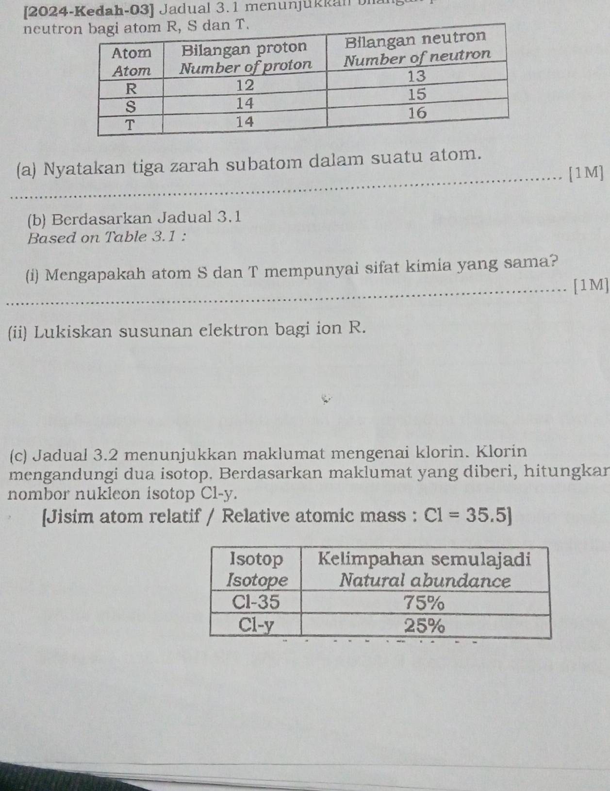 [2024-Kedah-03] Jadual 3.1 menunjukkal i 
neutr 
(a) Nyatakan tiga zarah subatom dalam suatu atom. 
_[1M] 
(b) Berdasarkan Jadual 3.1 
Based on Table 3.1 : 
(i) Mengapakah atom S dan T mempunyai sifat kimia yang sama? 
_[1M] 
(ii) Lukiskan susunan elektron bagi ion R. 
(c) Jadual 3.2 menunjukkan maklumat mengenai klorin. Klorin 
mengandungi dua isotop. Berdasarkan maklumat yang diberi, hitungkan 
nombor nukleon isotop Cl- y. 
[Jisim atom relatif / Relative atomic mass : C1=35.5]