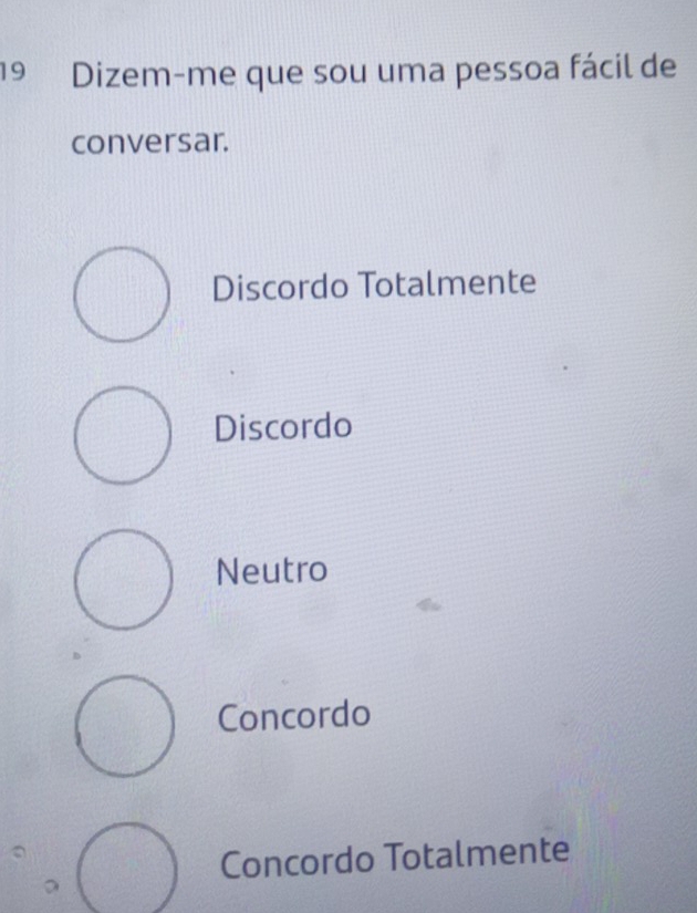 Dizem-me que sou uma pessoa fácil de
conversar.
Discordo Totalmente
Discordo
Neutro
Concordo
Concordo Totalmente