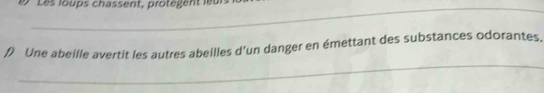 ' Les loups chassent, protégent leu 
_ 
/ Une abeille avertit les autres abeilles d'un danger en émettant des substances odorantes.