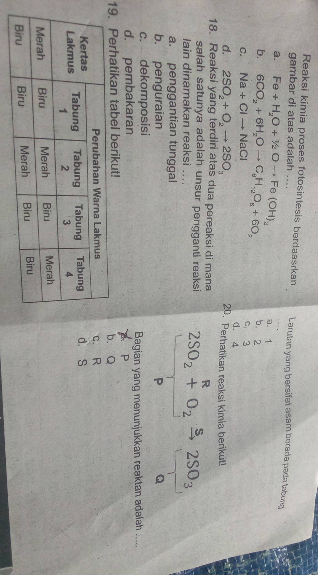 Reaksi kimia proses fotosintesis berdaasrkan Larutan yang bersifat asam berada pada tabung
gambar di atas adalah ....
a. Fe+H_2O+1/2Oto Fe(OH)_2 a. 1
b. 6CO_2+6H_2Oto C_6H_12O_6+6O_2 b. 2
C. Na+Clto Na C
c. 3
d. 4
d. 2SO_2+O_2to 2SO_3
20. Perhatikan reaksi kimia berikut!
18. Reaksi yang terdiri atas dua pereaksi di mana R
salah satunya adalah unsur pengganti reaksi
lain dinamakan reaksi ....
2SO_2+O_2 S 2SO_3
a. penggantian tunggal
b. penguraian P Q
c. dekomposisi
Bagian yang menunjukkan reaktan adalah .....
d. pembakaran
P
19. Perhatikan tabel berikut!. Q . R
d. S