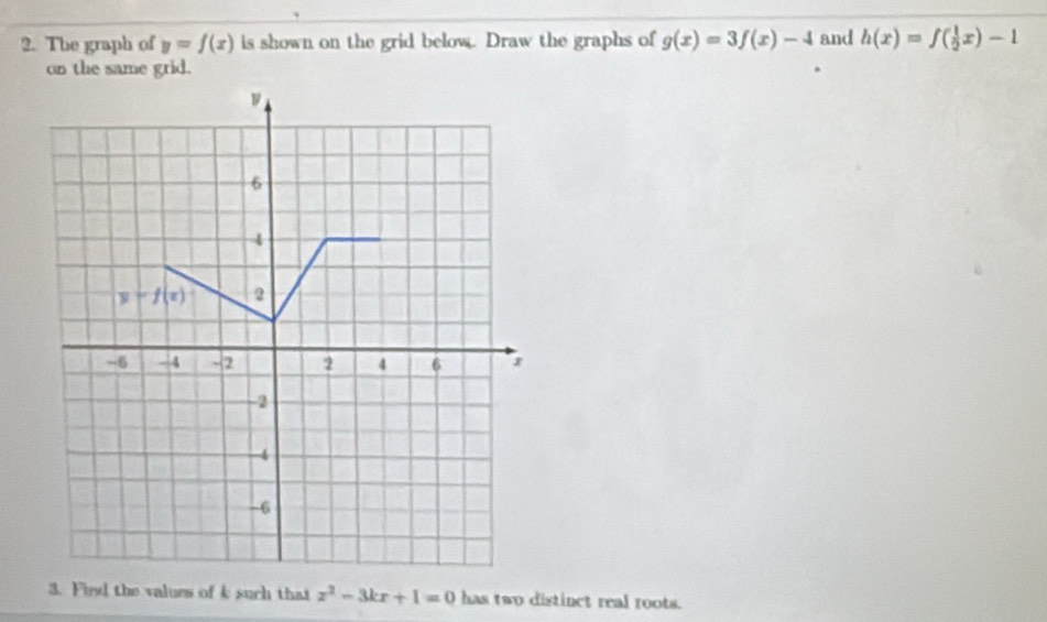 The graph of y=f(x) is shown on the grid below. Draw the graphs of g(x)=3f(x)-4 and h(x)=f( 1/2 x)-1
on the same grid.
3. Find the values of k such that x^2-3kx+1=0 has two distinct real roots.