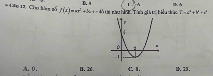 B. 9. C. ) 6. D. 6.
Câu 12. Cho hàm số f(x)=ax^2+bx+c đồ thị như hình. Tính giá trị biểu thức T=a^2+b^2+c^2.
A. 0. B. 26. C. 8. D. 20.