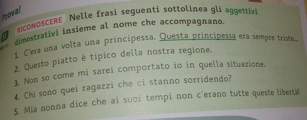 Prova! 
RICONOSCERE Nelle frasi seguenti sottolinea gli aggettivi 
dimostrativi insieme al nome che accompagnano. 
1. C’era una volta una principessa. Questa principessa era sempre triste.... 
0 
2. Questo piatto è tipico della nostra regione. 
3. Non so come mi sarei comportato io in quella situazione. 
4. Chi sono quei ragazzi che ci stanno sorridendo? 
5. Mia nonna dice che ai suoi tempi non c'erano tutte queste libertà!