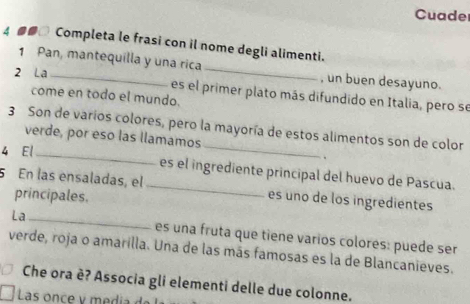 Cuade 
4 ●●□ Completa le frasi con il nome degli alimenti. 
1 Pan, mantequilla y una rica_ , un buen desayuno. 
2 La_ 
es el primer plato más difundido en Italia, pero se 
come en todo el mundo. 
_ 
3 Son de varios colores, pero la mayoría de estos alimentos son de color 
verde, por eso las llamamos 
4 El_ . 
es el ingrediente principal del huevo de Pascua. 
5 En las ensaladas, el _es uno de los ingredientes 
principales. 
La_ es una fruta que tiene varios colores: puede ser 
verde, roja o amarilla. Una de las más famosas es la de Blancanieves. 
Che ora è? Associa gli elementi delle due colonne. 
Las nc y di