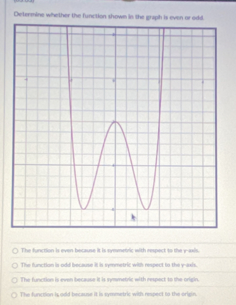 Determine whether the function shown in the graph is even or .
The function is even because it is symmetric with respect to the y-axis.
The function is odd because it is symmetric with respect to the y-axis.
The function is even because it is symmetric with respect to the origin.
The function is odd because it is symmetric with respect to the origin.