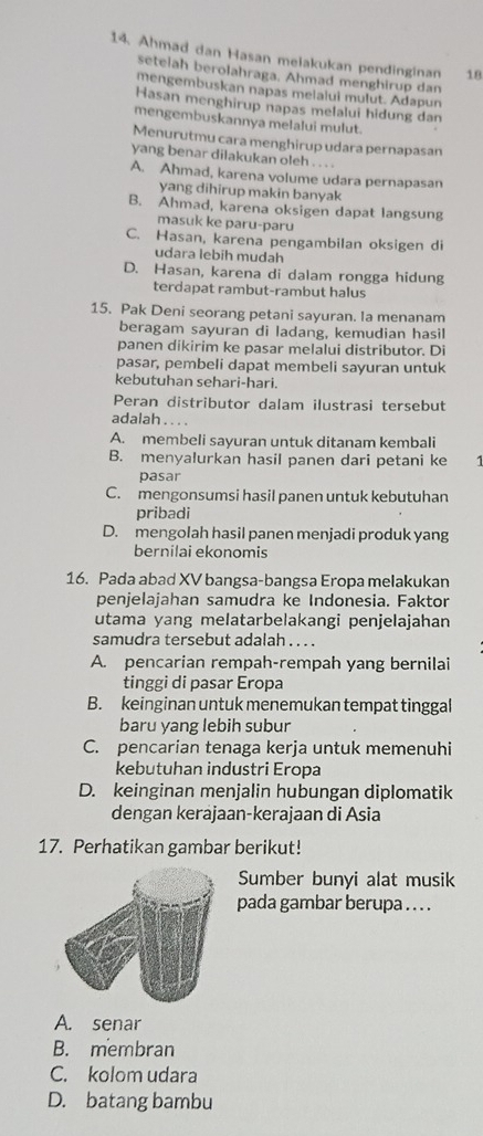 Ahmad dan Hasan melakukan pendinginan 18
setelah berolahraga. Ahmad menghirup dan
mengembuskan napas melalui mulut. Adapun
Hasan menghirup napas melalui hidung dan
mengembuskannya melalui mulut.
Menurutmu cara menghirup udara pernapasan
yang benar dilakukan oleh . . . .
A. Ahmad, karena volume udara pernapasan
yang dihirup makin banyak
B. Ahmad, karena oksigen dapat langsung
masuk ke paru-paru
C. Hasan, karena pengambilan oksigen di
udara lebih mudah
D. Hasan, karena di dalam rongga hidung
terdapat rambut-rambut halus
15. Pak Deni seorang petani sayuran. Ia menanam
beragam sayuran di ladang, kemudian hasil
panen dikirim ke pasar melalui distributor. Di
pasar, pembeli dapat membeli sayuran untuk
kebutuhan sehari-hari.
Peran distributor dalam ilustrasi tersebut
adalah . . . .
A. membeli sayuran untuk ditanam kembali
B. menyalurkan hasil panen dari petani ke 1
pasar
C. mengonsumsi hasil panen untuk kebutuhan
pribadi
D. mengolah hasil panen menjadi produk yang
bernilai ekonomis
16. Pada abad XV bangsa-bangsa Eropa melakukan
penjelajahan samudra ke Indonesia. Faktor
utama yang melatarbelakangi penjelajahan
samudra tersebut adalah . . . .
A. pencarian rempah-rempah yang bernilai
tinggi di pasar Eropa
B. keinginan untuk menemukan tempat tinggal
baru yang lebih subur
C. pencarian tenaga kerja untuk memenuhi
kebutuhan industri Eropa
D. keinginan menjalin hubungan diplomatik
dengan kerajaan-kerajaan di Asia
17. Perhatikan gambar berikut!
Sumber bunyi alat musik
pada gambar berupa . . . .
A. senar
B. membran
C. kolom udara
D. batang bambu