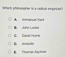 Which philosopher is a radical empiricist?
A. Immanuel Kant
B. John Locke
C. David Hume
D. Aristotle
E. Thomas Aquinas