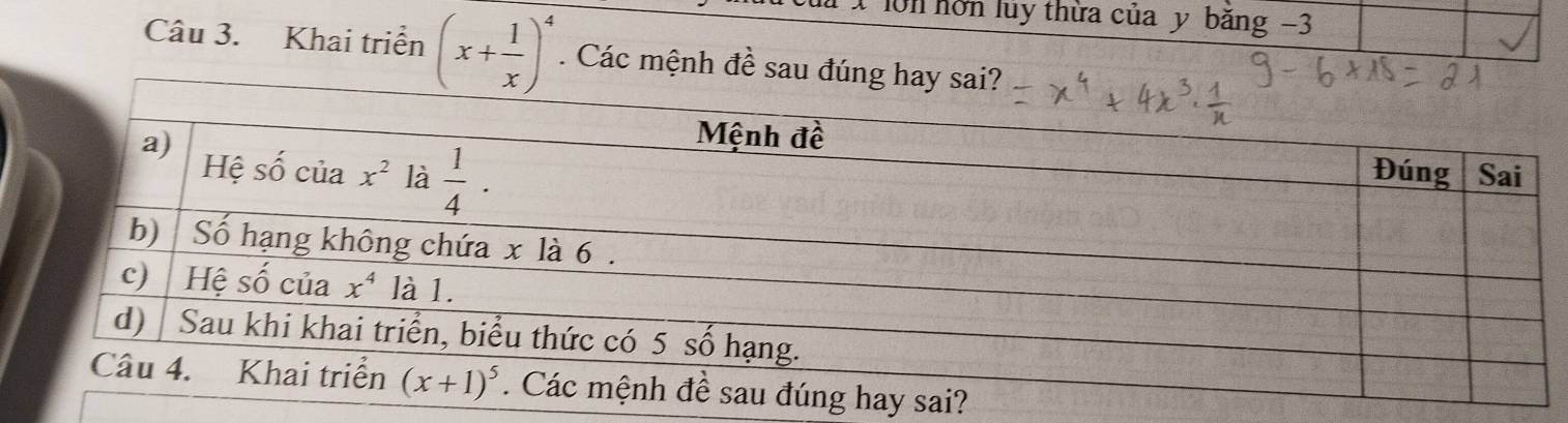 lớn hôn lủy thừa của y băng −3
Câu 3. Khai triển (x+ 1/x )^4. Các mệnh đề sau đúng