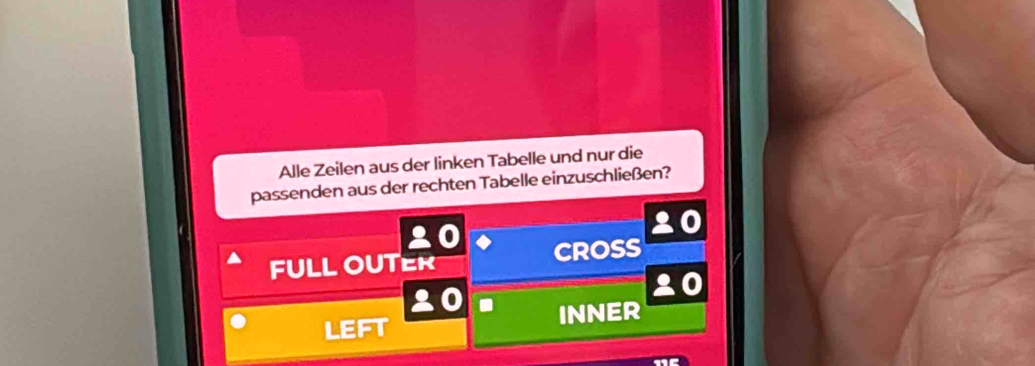 Alle Zeilen aus der linken Tabelle und nur die
passenden aus der rechten Tabelle einzuschließen?
FULL OUTER CROSS
LEFT INNER