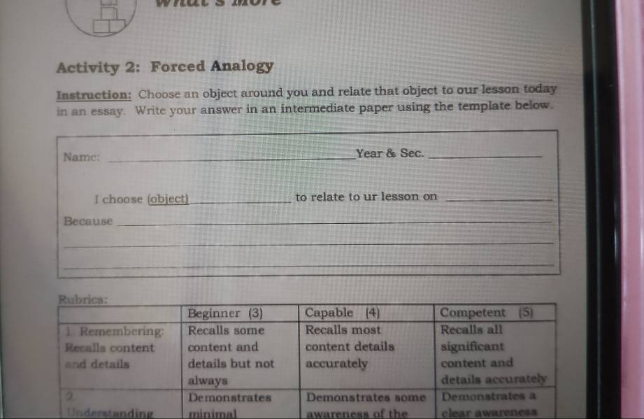 Activity 2: Forced Analogy 
Instruction: Choose an object around you and relate that object to our lesson today 
in an essay. Write your answer in an intermediate paper using the template below. 
Name: _Year & Sec._ 
l choose (object) _to relate to ur lesson on_ 
Because_ 
_ 
_ 
tanding minimal awareness of the clear awarene