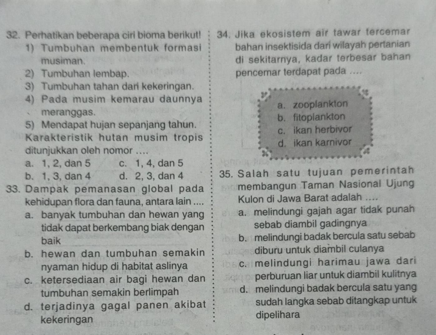 Perhatikan beberapa ciri bioma berikut! 34. Jika ekosistem air tawar tercemar
1) Tumbuhan membentuk formasi bahan insektisida dari wilayah pertanian
musiman. di sekitarnya, kadar terbesar bahan
2) Tumbuhan lembap. pencemar terdapat pada ....
3) Tumbuhan tahan dari kekeringan.
4) Pada musim kemarau daunnya
meranggas. a. zooplankton
b. fitoplankton
5) Mendapat hujan sepanjang tahun.
c. ikan herbivor
Karakteristik hutan musim tropis
d. ikan karnivor
ditunjukkan oleh nomör _
a. 1, 2, dan 5 c. 1, 4, dan 5
b. 1, 3, dan 4 d. 2, 3, dan 4 35. Salah satu tujuan pemerintah
33. Dampak pemanasan global pada membangun Taman Nasional Ujung
kehidupan flora dan fauna, antara lain .... Kulon di Jawa Barat adalah ....
a. banyak tumbuhan dan hewan yang a. melindungi gajah agar tidak punah
tidak dapat berkembang biak dengan sebab diambil gadingnya
baik b. melindungi badak bercula satu sebab
b. hewan dan tumbuhan semakin diburu untuk diambil culanya
nyaman hidup di habitat aslinya c. melindungi harimau jawa dari
c. ketersediaan air bagi hewan dan perburuan liar untuk diambil kulitnya
tumbuhan semakin berlimpah d. melindungi badak bercula satu yang
d. terjadinya gagal panen akibat sudah langka sebab ditangkap untuk
kekeringan dipelihara