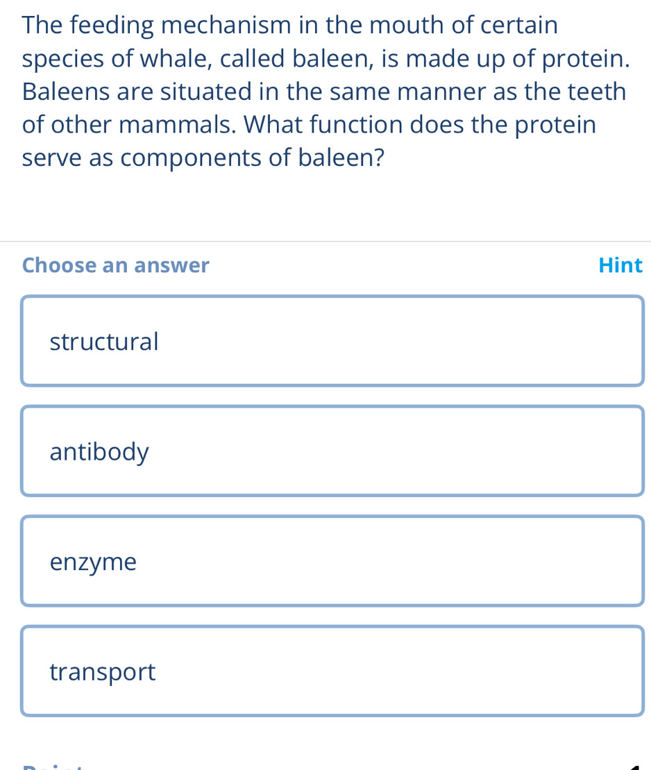 The feeding mechanism in the mouth of certain
species of whale, called baleen, is made up of protein.
Baleens are situated in the same manner as the teeth
of other mammals. What function does the protein
serve as components of baleen?
Choose an answer Hint
structural
antibody
enzyme
transport