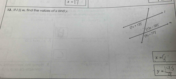 x=
13. I l//m , find the values of x and y.
x=
y=