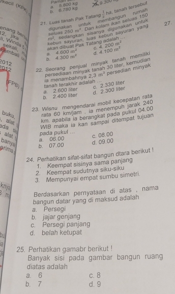 b. 6.780 kg a. 5 800 kg 9.300  ng
kecil (KPK) ,
21. Luas tanah Pak Tatang  1/2 ha , tanah tersebut
digunakan untuk mémbangun rumah
_enang ber m^2 sedaṅgkan sisanya digunakən untuk 250m^2 Dan kolam ikan seluas 150
12, jika i. Winda § akan dibuat Pak Taṭa kebun sayuran, luas kebun sayuran yang 27
seluas
.  .
sekali
C. 4.200m^2
a 4.600m^2 d.
Rembali u b. 4.300m^2
2012 22. Seorang penjual minyak tanah memiliki 4.100m^2
2012
persediaan minyak tanah 30 liter, kemudian
ia menambahnya 2,3m^3 persedian minyak
FPB) tanah terakhir adalah . ..
c. 2.330 liter
b. 2.400 liter a. 2.600 liter
d. 2.300 liter
23. Wisnu mengendarai mobil kecepatan rata
buku,
rata 60 km/jam . ia menempuh jarak 240
alat
km. apabila ia berangkat pada pukul 04.00
ada s
WIB maka ia kan sampai ditempat tujuan
alat
pada pukul ...
c.08.00
a. 06,00 d. 09.00
banya b. 07.00
arima
24. Perhatikan sifat-sifat bangun dtara berikut !
1. Keempat sisinya sama panjang
2. Keempat sudutnya siku-siku
3. Mempunyai empat sumbu simetri.
knya
B m Berdasarkan pernyataan di atas , nama
bangun datar yang di maksud adalah
a. Persegi
b. jajar genjang
c. Persegi panjang
on d. belah ketupat
a
25. Perhatikan gamabr berikut !
Banyak sisi pada gambar bangun ruang
diatas adalah
a.6 c.8
b. 7 d. 9