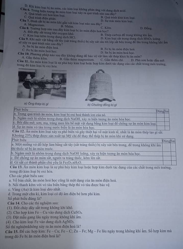 D. Khi kim loại bị ăn mòn, các kim loại không phản ứng với dung dịch acid.
Câu 6. Trong hiện tượng ăn mòn kim loại xảy ra quá trình nảo sau đây?
A. Quá trình oxi hoá kim loại. B. Quá trình khử kim loại
C. Quá trình điện phân D. Sự mài mòn kim loại.
Câu 7. Đinh sắt bị ăn mòn khi gẫn với kim loại nào sau đây?
A. Magnesium B. Nhôm.
Câu 8. Trường hợp nào sau đây kim loại bị ăn mòn điện hoả học? C. Kēm. D. Đồng
A. Đốt dây sắt trong khi oxygen khô. B. Thép carbon đễ trong không khi ẩm
C. Kim loại kêm trong dung dịch HCl. D. Kim loại sắt trong dung dịch HNOi loãng.
Câu 9. Khi một vật bằng sắt tây (sát tráng thiếc) bị xây sát sâu tới lớp sắt bên trong để lầu trong không khí ẩm
sẽ xây ra quá trinh nào sau đây?
A. Sn bị ăn mòn điện hoá. B. Fe bị ăn mòn điện hoá,
C. Fe bị ăn mòn hoá học. D. Sn bị ăn mòn hoá học.
Câu 10, Phương pháp nào sau đãy không dùng để bảo vệ vật làm sắt thép khỏi bị ăn mòn?
A. Gắn thêm kẽm. B. Găn thêm magnesium. C. Gần thêm chì. D. Phủ sơn hoặc dầu mỡ
Câu 11. Ăn mòn kim loại là sự phá hủy kim loại hoặc hợp kim dưới tác dụng của các chất trong môi trường,
trong đó kim loại bị oxi hóa.
a) Ông thép bị gì b) Chuông đồng bị gi
Phát biểu Đủng Sai
a. Trong quá trình ăn mòn, kim loại bị oxi hoá thành ion của nó.
b. Ngâm một lá nhôm trong dung dịch NaOH, xảy ra hiện tượng ăn mòn hóa học.
c. Bồi đầu mỡ, sơn, mạ, tráng men lên bề mặt vật dụng bằng kim loại để chống sự ăn mòn kim loại
d. Sự ăn mòn vỏ tàu trong nước biển là ăn mòn hóa học.
Cầu 12. Ăn mòn kim loại xảy ra phổ biển và gây thiệt hại về mặt kinh tế, nhất là ăn mòn thép tạo gi sắt.
Khoảng 25% thép được sản xuất tại Mỹ chỉ để thay thể thép bị ăn mòn khi sử dụng.
Phát biểu
Đúng Sai
a. Một miếng vó đồ hộp làm bằng sắt tây (sắt tráng thiếc) bị xây xát bên trong, để trong không khí ẩm
thì thiếc sẽ bị ăn mòn trước.
b. Ngâm một lá nhôm trong dung dịch NaOH loãng, xảy ra hiện tượng ăn mòn hóa học.
c. Để chống sự ăn mòn sắt, người ta tráng thiếc, kẽm lên sắt.
d. Gi sắt có thành phần chủ yếu là Fe₂O₃.nH₂O.
Câu 13. Ăn mòn kim loại là sự phá hủy kim loại hoặc hợp kim dưới tác dụng của các chất trong môi trường,
trong đó kim loại bị oxi hóa.
Cho các phát biểu sau:
a. Về bản chất, ăn mòn hoá học cũng là một dạng của ăn mòn điện hoá.
b. Nổi thanh kẽm với vỏ tàu biển bằng thép thì vỏ tàu được bảo vệ.
c. Vàng (Au) là kim loại dẻo nhất.
d. Trong một chu kì, kim loại có độ âm điện bé hơn phi kim.
Số phát biểu đúng là?
Câu 14. Cho các thí nghiệm sau:
(1). Đốt cháy dây sắt trong không khí khô.
(2). Cho hợp kim Fe - Cu vào dung dịch CuSO₄.
(3). Đặt mẫu gang lầu ngày trong không khí ẩm.
(4). Cho kim loại Fe vào dung dịch AgNO_3.
Số thí nghiệmkhông xảy ra ăn mòn điện hoá là?
Câu 15. Đề các hợp kim: Fe-Cu;Fe-C;Zn-Fe; Mg - Fe lâu ngày trong không khí âm. Số hợp kim mà
trong đó Fe bị ăn mòn điện hoá là?