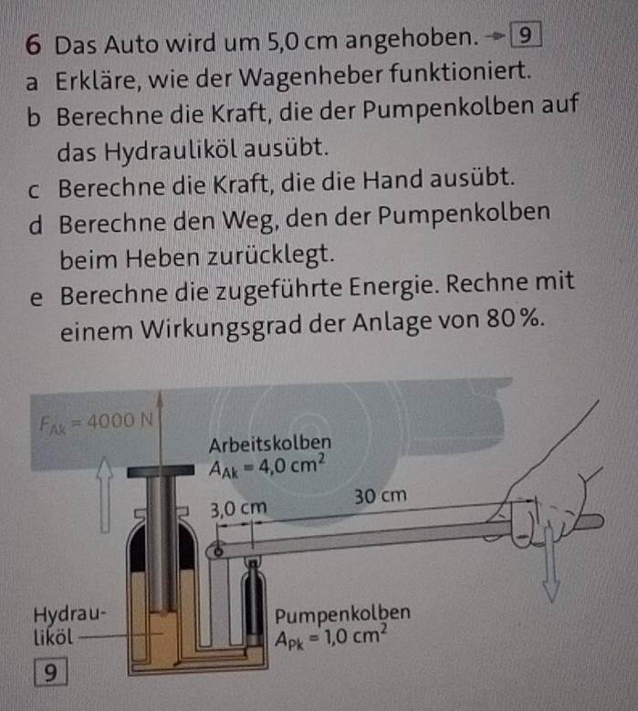 Das Auto wird um 5,0 cm angehoben.- 9
a Erkläre, wie der Wagenheber funktioniert.
b Berechne die Kraft, die der Pumpenkolben auf
das Hydrauliköl ausübt.
c Berechne die Kraft, die die Hand ausübt.
d Berechne den Weg, den der Pumpenkolben
beim Heben zurücklegt.
e Berechne die zugeführte Energie. Rechne mit
einem Wirkungsgrad der Anlage von 80%.