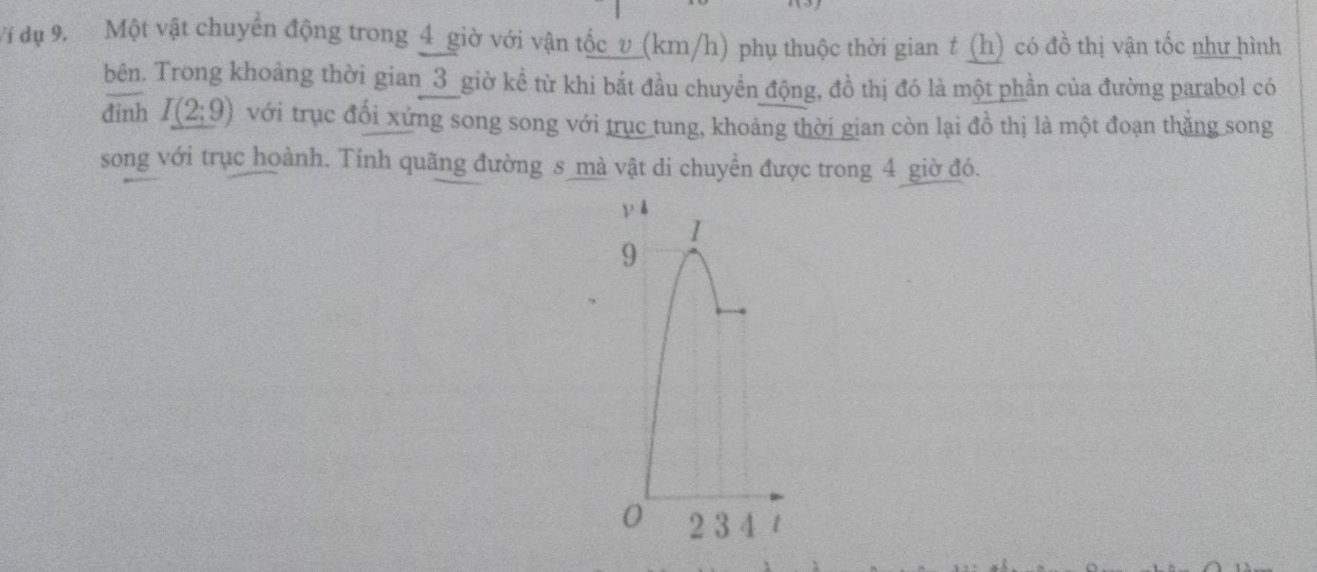 Vớ dụ 9. Một vật chuyển động trong 4 giờ với vận tốc v (km/h) phụ thuộc thời gian t (h) có đồ thị vận tốc như hình 
bên. Trong khoảng thời gian 3 _giờ kể từ khi bắt đầu chuyền động, đồ thị đó là một phần của đường parabol có 
đinh I(2;9) với trục đổi xứng song song với trục tung, khoảng thời gian còn lại đồ thị là một đoạn thắng song 
song với trục hoành. Tính quãng đường s mà vật di chuyển được trong 4 giờ đó. 
ph
I
9
0 2 3 4 1