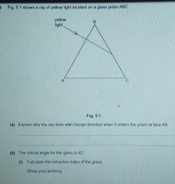 Solved: Fig. 5.1 shows a ray of yellow light incident on a glass prism ...