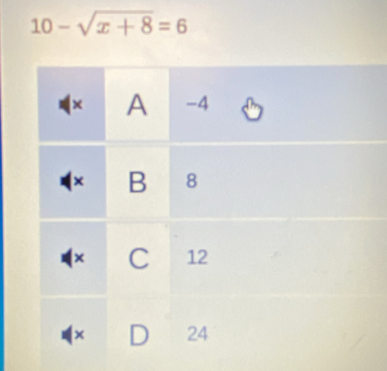 10-sqrt(x+8)=6