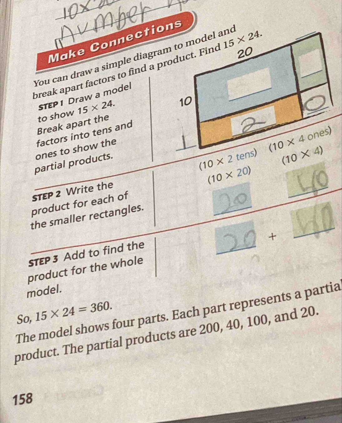 Make Connections 
20 
You can draw a simple diagram to model and 
break apart factors to find a product. Find 15* 24. 
STEP1 Draw a model 
to show 15* 24.
10
Break apart the 
factors into tens and 
. 1 
ones to show the
(10* 4 ones 
partial products.
(10* 2tens) (10* 4)
_
(10* 20)
STEP 2 Write the 
product for each of 
_ 
the smaller rectangles. 
_ 
+ 
STEP3 Add to find the 
_ 
product for the whole 
model. 
The model shows four parts. Each part represents a partia 
So, 15* 24=360. 
product. The partial products are 200, 40, 100, and 20.
158