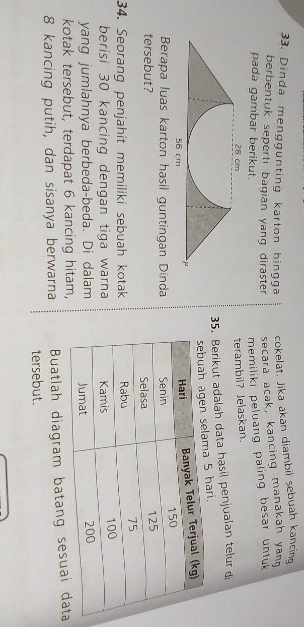 Dinda menggunting karton hingga cokelat. Jika akan diambil sebuah kancing 
berbentuk seperti bagian yang diraster secara acak, kancing manakah yang 
pada gambar berikut. 
memiliki peluang paling besar untuk
28 cm terambil? Jelaskan. 
35. Berikut adalah data hasil penjualan telur di
5 hari.
56 cm
P 
Berapa luas karton hasil guntingan Dinda 
tersebut? 
34. Seorang penjahit memiliki sebuah kotak 
berisi 30 kancing dengan tiga warna 
yang jumlahnya berbeda-beda. Di dalam 
kotak tersebut, terdapat 6 kancing hitam,
8 kancing putih, dan sisanya berwarna Buatlah diagram batang sesuai 
tersebut.