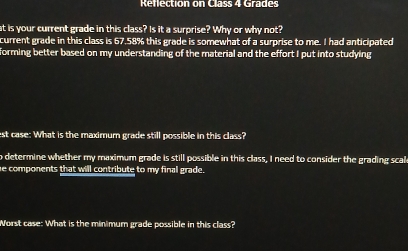 Reflection on Class 4 Grades 
at is your current grade in this class? Is it a surpris =? Why or why not? 
current grade in this class is 67,58% this grade is somewhat of a surprise to me. I had anticipated 
forming better based on my understanding of the material and the effort I put into studying 
est case: What is the maximum grade still possible in this class? 
o determine whether my maximum grade is still possible in this class, I need to consider the grading scal 
he components that will contribute to my final grade. 
Worst case: What is the minimum grade possible in this class?