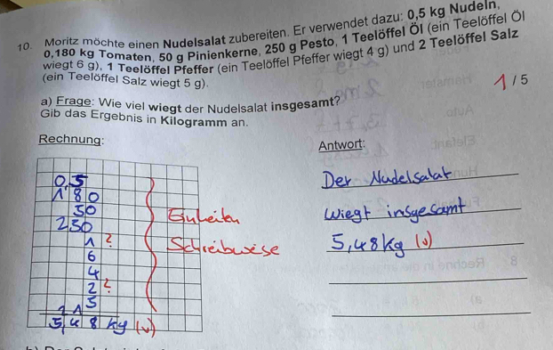 Moritz möchte einen Nudelsalat zubereiten. Er verwendet dazu: 0,5 kg Nudeln
0,180 kg Tomaten, 50 g Pinienkerne, 250 g Pesto, 1 Teelöffel Öl (ein Teelöffel Öl 
wiegt 6 g). 1 Teelöffel Pfeffer (ein Teelöffel Pfeffer wiegt 4 g) und 2 Teelöffel Salz 
(ein Teelöffel Salz wiegt 5 g) 
a) Frage: Wie viel wiegt der Nudelsalat insgesamt? 
Gib das Ergebnis in Kilogramm an. 
Rechnung: 
Antwort: 
_ 
_ 
_ 
_ 
_