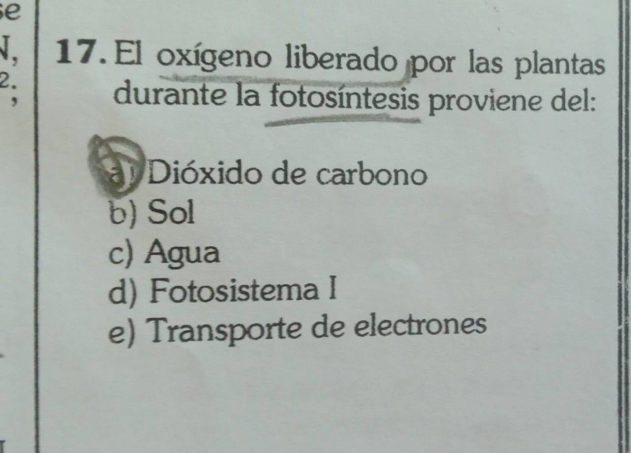 El oxígeno liberado por las plantas
2.
,
durante la fotosíntesis proviene del:
a Dióxido de carbono
b) Sol
c) Agua
d) Fotosistema I
e) Transporte de electrones