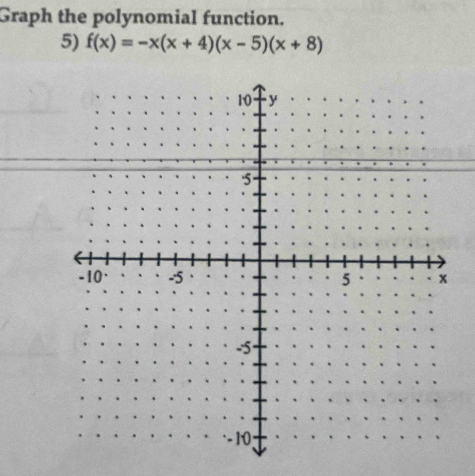 Graph the polynomial function. 
5) f(x)=-x(x+4)(x-5)(x+8)