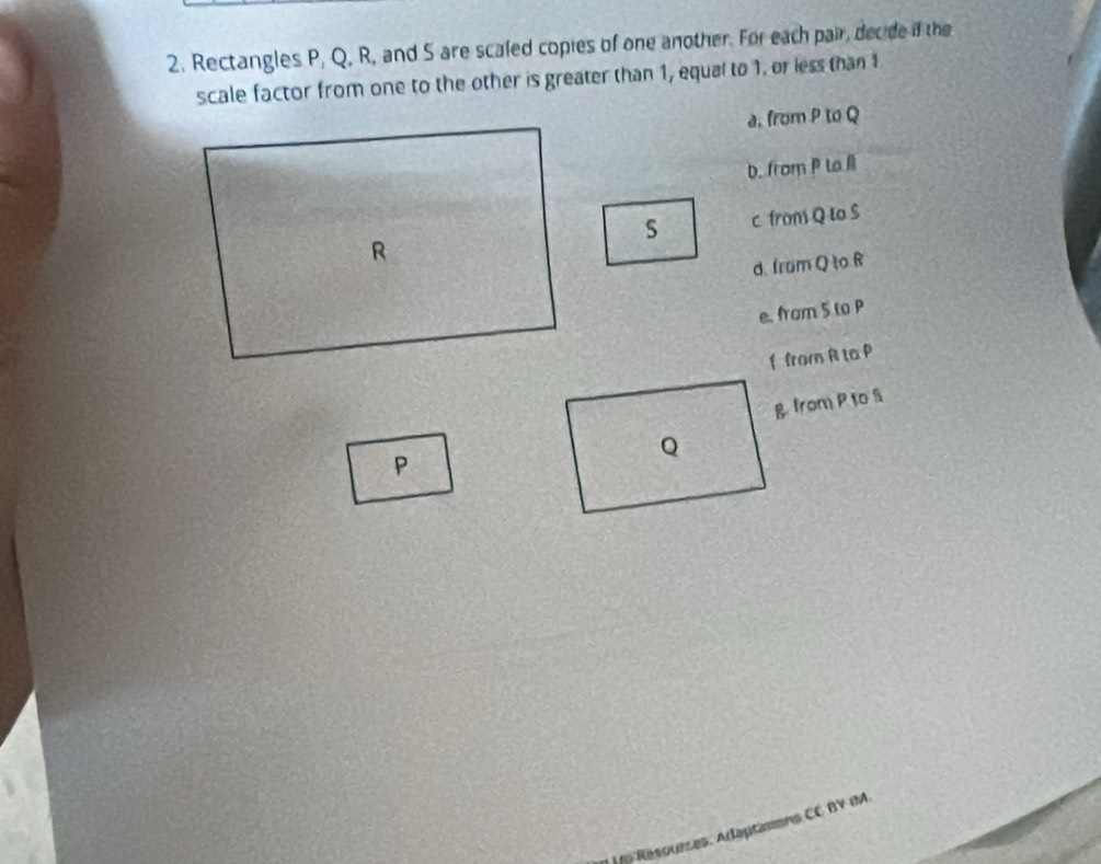 Rectangles P, Q, R, and 5 are scaled copies of one another. For each pair, decide if the
scale factor from one to the other is greater than 1, equal to 1. or less than 1
a, from P to Q
b. from P to l
s
R c from Q to S
d. fram Q to R
e. from 5 to P
f from R ta P
P g. from P to S
Q
A o Resources, Adaptasions CC BV IM