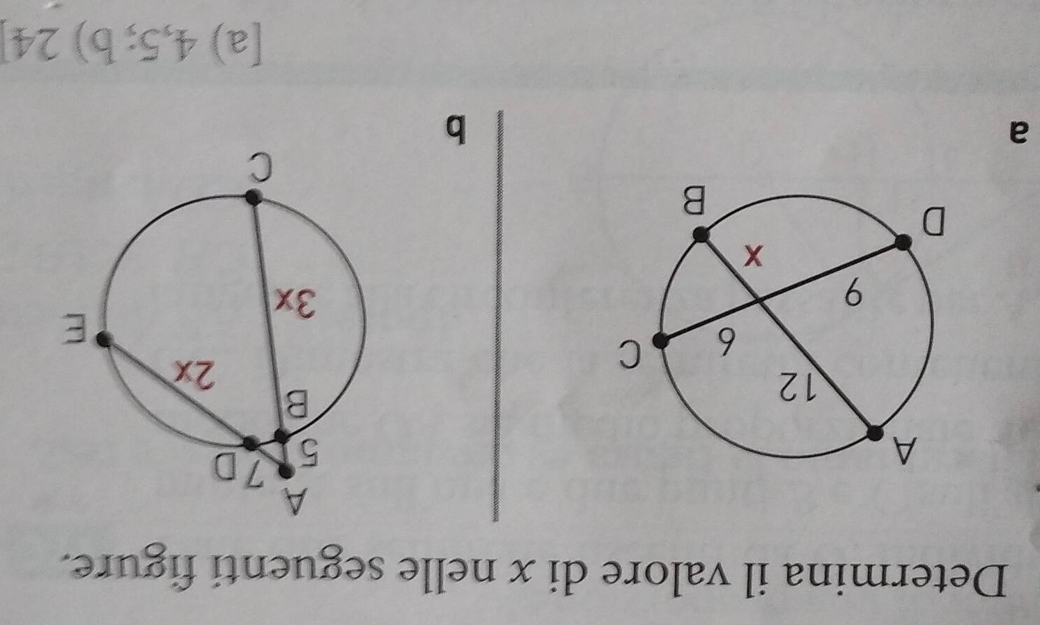 Determina il valore di x nelle seguenti figure.
a
b
[a) 4, 5;b) 24