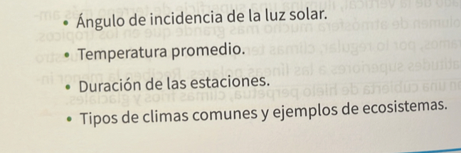 Ángulo de incidencia de la luz solar. 
Temperatura promedio. 
Duración de las estaciones. 
Tipos de climas comunes y ejemplos de ecosistemas.