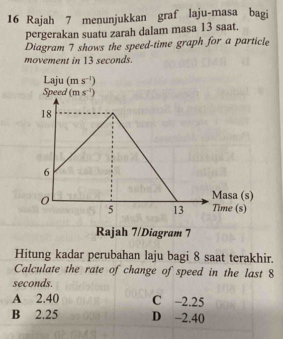 Rajah 7 menunjukkan graf laju-masa bagi
pergerakan suatu zarah dalam masa 13 saat.
Diagram 7 shows the speed-time graph for a particle
movement in 13 seconds.
Rajah 7/Diagram 7
Hitung kadar perubahan laju bagi 8 saat terakhir.
Calculate the rate of change of speed in the last 8
seconds.
A 2.40 C -2.25
B 2.25 D -2.40