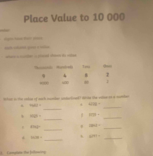 Place Value to 10 000
onber 
* digits have their place 
eacis calumn gives a value. 
where a sumber is placed shows its vatue. 
What is the value of each number underlined? Write the value as a number 
_ 
0 9482=
_ 
C. 4220=
_ 
b. 1025·
f 3715· _ 
_
8763=
g 2842= _ 
_ 
d. 5438=
h. 6297= _ 
2. Complete the following: