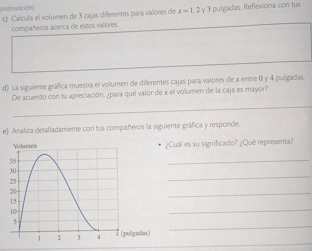 ontinuación) 
c) Calcula el volumen de 3 cajas diferentes para valores de x=1,2 y 3 pulgadas. Reflexiona con tus 
compañeros acerca de estos valores. 
d) La siguiente gráfica muestra el volumen de diferentes cajas para valores de x entre 0 y 4 pulgadas. 
De acuerdo con tu apreciación, ¿para qué valor de x el volumen de la caja es mayor? 
_ 
e) Analiza detalladamente con tus compañeros la siguiente gráfica y responde. 
¿Cuál es su significado? ¿Qué representa? 
_ 
_ 
_ 
_ 
_ 
_