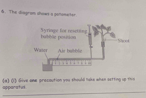 Solved: The diagram shows a potometer. (a) (i) Give one precaution you ...